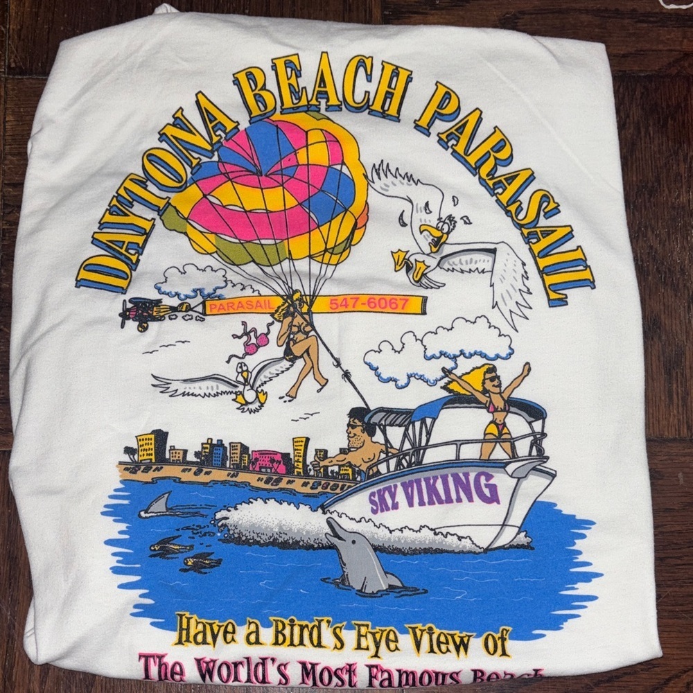 Vintage Daytona Beach Parasailing Tee Dolphin Boat Graphic Florida XL  RARE